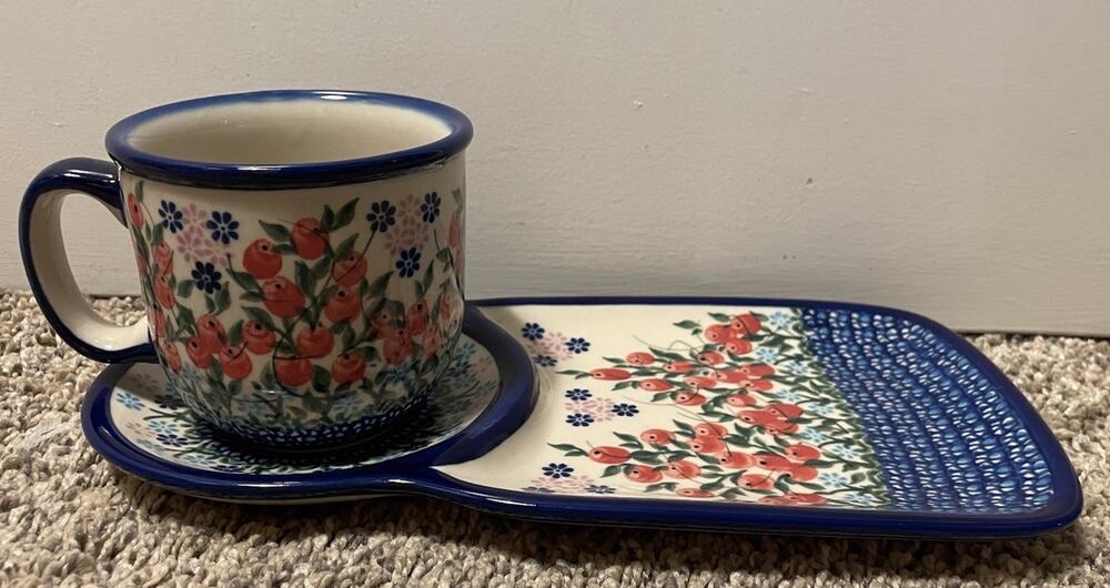 Unikat Kalich Coffee Cake Polish Pottery Set Cranberry Floral Poland Mug Plate